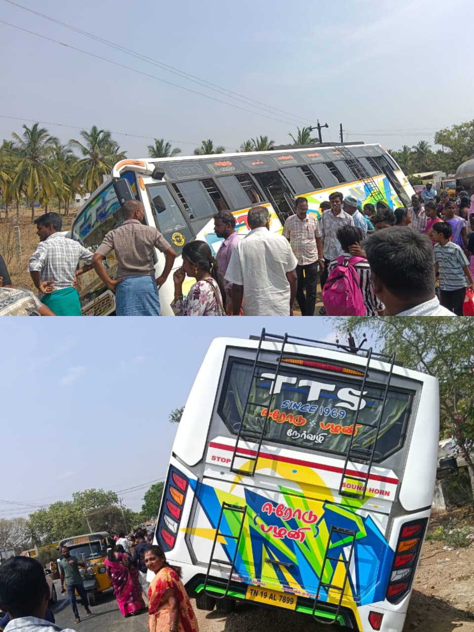 ஊதியூர் அருகே தனியார் பேருந்து பள்ளத்தில் இறங்கியது – 36 பயணிகள் உயிர் தப்பினர்.