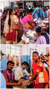 தமிழகத்தில் தேர்தல் பணியில் ஈடுபடும் அரசு ஊழியர்கள், ஆசிரியர்கள் ஆர்வமுடன் வரிசையில் நின்று தபால் வாக்களித்தனர்