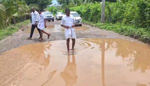 சாலையில் தேங்கிய தண்ணீரில் நடந்து சென்ற அரூர் எம்எல்ஏ